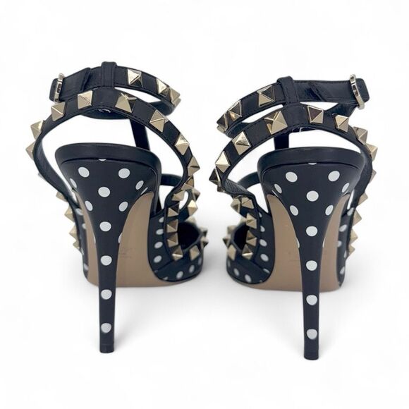 VALENTINO GARAVANI Black Ankle Strap Rockstud White Polkadot Sandals Siz… - Picture 10 of 15